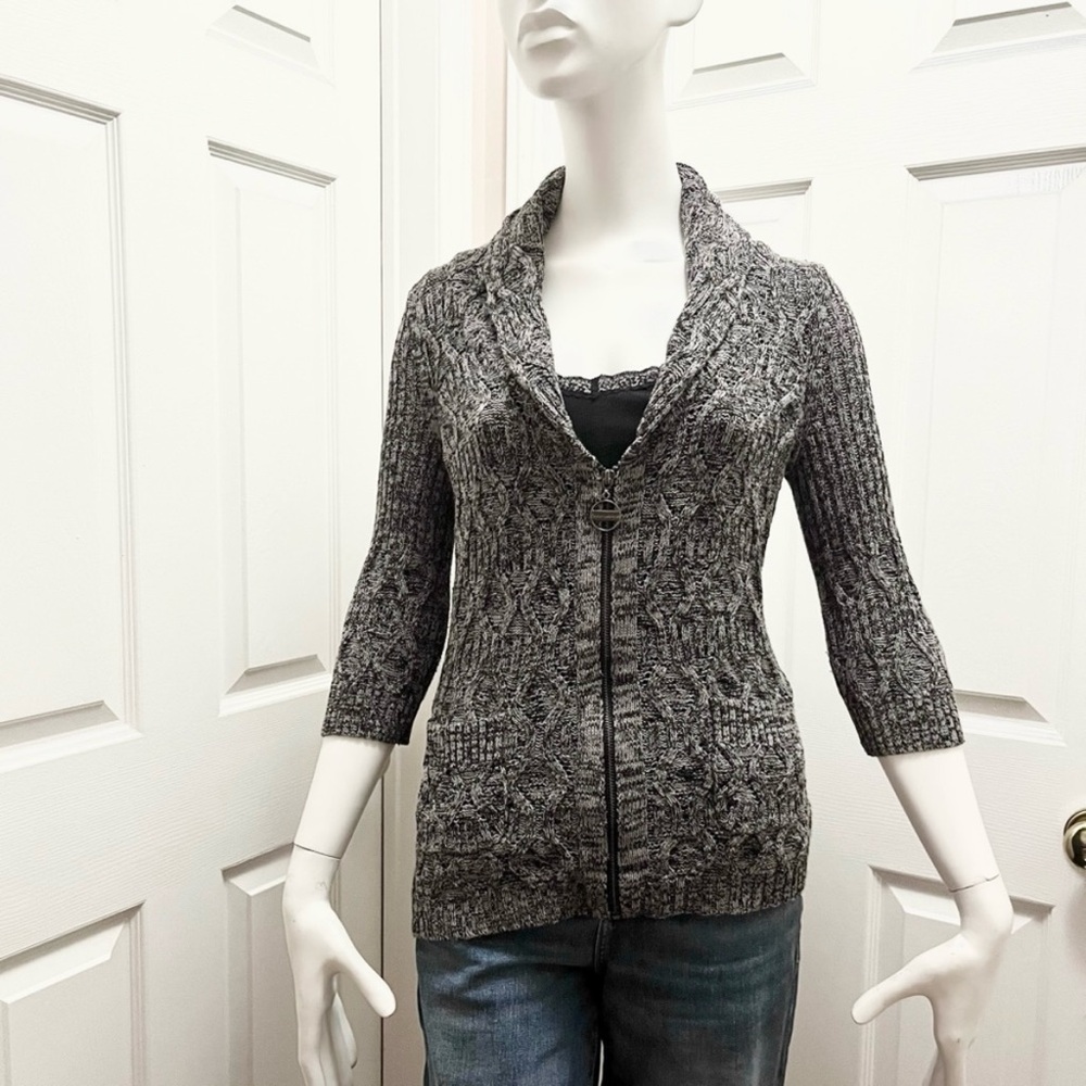 DKNY Jeans Cable Knit Zip Cardigan Gray Shawl Collar Size S